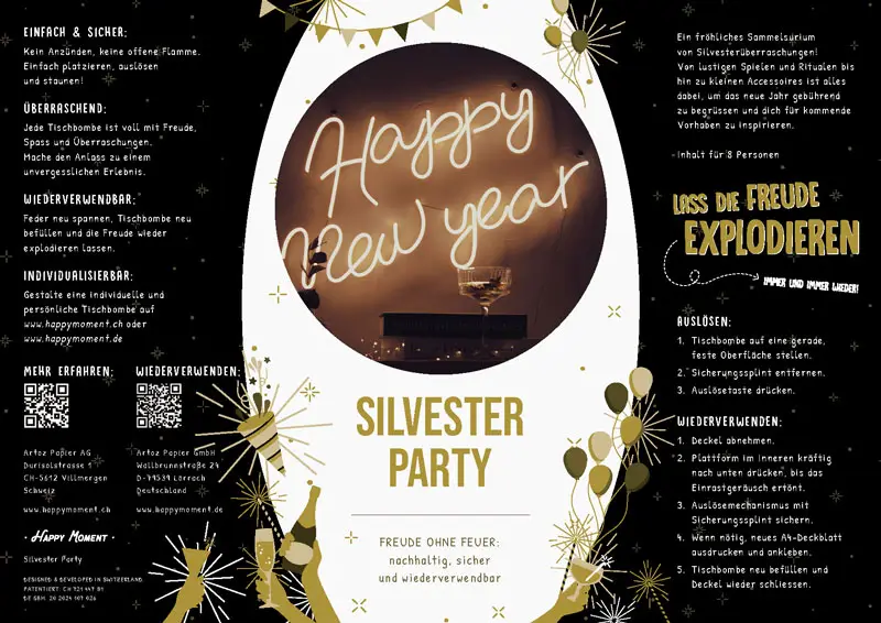 Nachhaltige Tischbombe Silvester Party von Happy Moment by Artoz - A4 Eigenes Design Aufkleber mit Inhalt