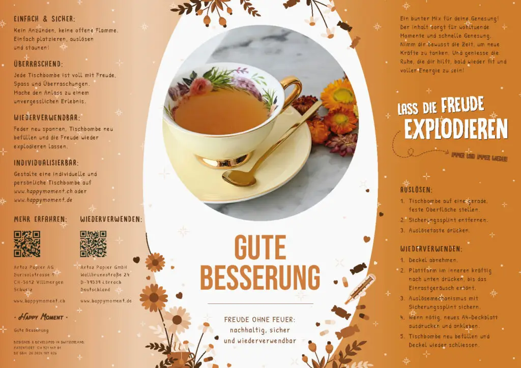 Nachhaltige Tischbombe Gute Besserung von Happy Moment by Artoz - A4 Eigenes Design Aufkleber mit Inhalt